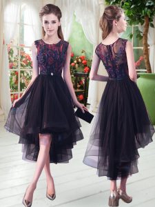 Latest Black Sleeveless Appliques High Low Prom Gown