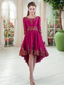 Delicate Scoop Long Sleeves Prom Party Dress High Low Embroidery Fuchsia Satin