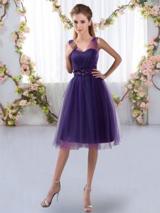 Purple V-neck Zipper Appliques Quinceanera Court of Honor Dress Sleeveless