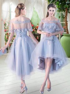 Light Blue A-line Off The Shoulder Half Sleeves Tulle High Low Lace Up Appliques Evening Dress