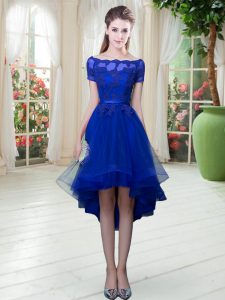 Adorable Royal Blue Short Sleeves Appliques High Low Evening Party Dresses