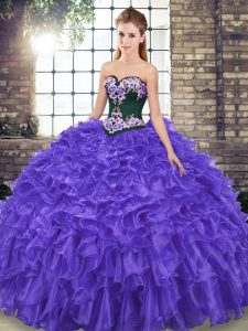 Best Sleeveless Sweep Train Lace Up Embroidery and Ruffles Quince Ball Gowns