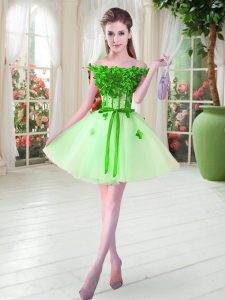 Enchanting Apple Green A-line Beading and Appliques Prom Party Dress Lace Up Tulle Sleeveless Mini Length