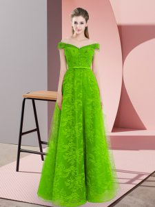 Dynamic Green A-line Beading Evening Dress Lace Up Tulle Sleeveless Floor Length