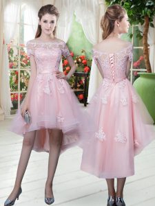 Romantic High Low Baby Pink Tulle Half Sleeves Lace and Appliques