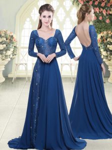 Exceptional Blue Zipper Prom Party Dress Beading and Lace Long Sleeves Sweep Train