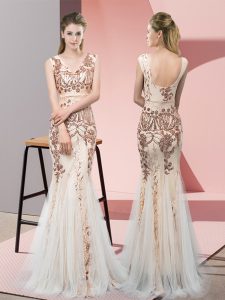 Sumptuous Floor Length Backless Evening Dress Champagne for Prom and Party with Sequins