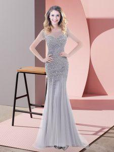 Smart Grey Short Sleeves Beading Floor Length Dress for Prom