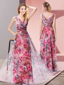 V-neck Sleeveless Printed Prom Dresses Pattern Zipper
