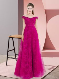 Stunning Sleeveless Tulle Floor Length Lace Up Prom Evening Gown in Fuchsia with Beading and Lace