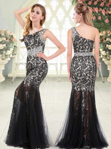 Gorgeous Floor Length Black Dress for Prom Tulle Sleeveless Beading and Lace