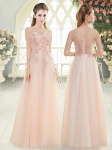Beading and Lace and Appliques Dress for Prom Pink Zipper Sleeveless Floor Length