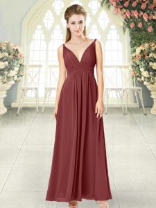 Cheap Wine Red Backless V-neck Ruching Chiffon Sleeveless