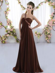 Brown One Shoulder Lace Up Beading Dama Dress for Quinceanera Brush Train Sleeveless