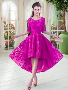 Best Selling Half Sleeves High Low Lace Zipper Prom Evening Gown with Fuchsia