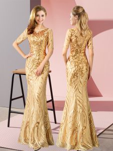 Unique Floor Length Gold Prom Party Dress Scoop Half Sleeves Zipper
