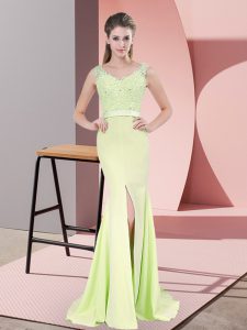 Yellow Green Evening Dress Prom and Party and Military Ball with Beading and Lace V-neck Sleeveless Sweep Train Zipper