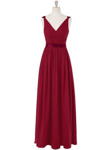 On Sale Wine Red Zipper Prom Dress Ruching and Belt Sleeveless Floor Length