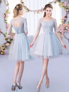 Fashion Mini Length A-line Half Sleeves Grey Quinceanera Dama Dress Lace Up