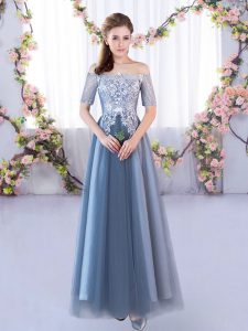 Short Sleeves Floor Length Lace Lace Up Quinceanera Dama Dress with Blue