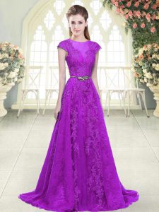 Fantastic Cap Sleeves Tulle Sweep Train Zipper Prom Dresses in Purple with Lace and Appliques and Pick Ups