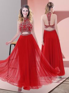 Clearance Red Halter Top Neckline Beading Prom Party Dress Sleeveless Backless