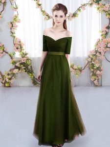 Floor Length Olive Green Damas Dress Tulle Short Sleeves Ruching