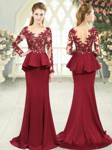 Mermaid Long Sleeves Red Prom Gown Sweep Train Zipper