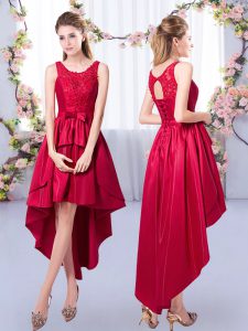Stunning Red Satin Lace Up Dama Dress for Quinceanera Sleeveless High Low Appliques