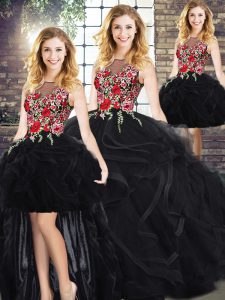 New Style Black Sleeveless Floor Length Embroidery and Ruffles Zipper Quinceanera Gowns