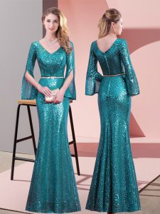 Teal Mermaid Belt Dress for Prom Zipper Sequined Long Sleeves Floor Length