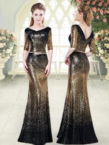 Gold Evening Dress Prom and Party and Military Ball with Belt V-neck Half Sleeves Zipper