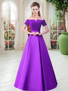 A-line Prom Evening Gown Purple Off The Shoulder Satin Short Sleeves Floor Length Lace Up