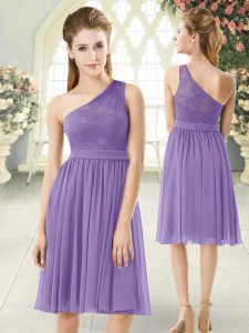High Class Lavender Sleeveless Knee Length Lace Side Zipper Prom Dresses