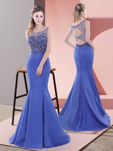 Sleeveless Beading and Lace Lace Up with Blue Sweep Train