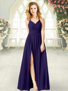 Purple Chiffon Zipper Halter Top Sleeveless Floor Length Prom Evening Gown Ruching