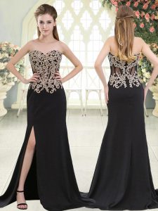 Black Zipper Sweetheart Beading and Appliques Prom Gown Elastic Woven Satin Sleeveless Sweep Train