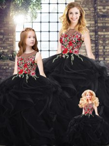 Dynamic Black Sleeveless Floor Length Embroidery and Ruffles Zipper Sweet 16 Dress