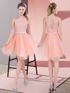 Spectacular Peach Tulle Zipper High-neck Sleeveless Knee Length Prom Evening Gown Beading