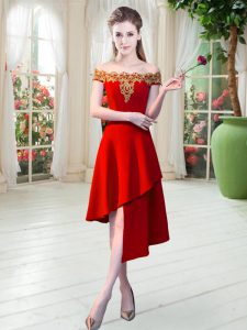 Red A-line Satin Off The Shoulder Sleeveless Appliques Asymmetrical Zipper Prom Evening Gown