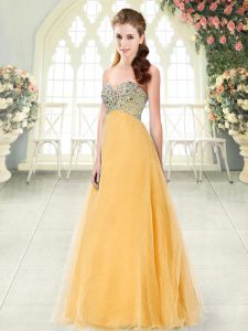 Attractive Floor Length Orange Prom Gown Tulle Sleeveless Beading