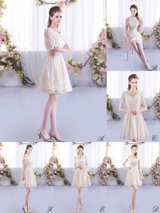 Cheap Scoop Short Sleeves Quinceanera Court Dresses Mini Length Lace Champagne