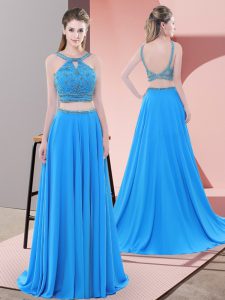 Sleeveless Chiffon Sweep Train Backless Prom Party Dress in Blue with Beading