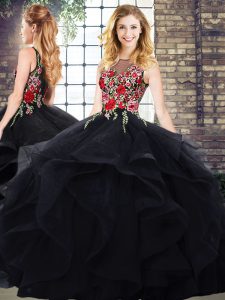 Customized Embroidery and Ruffles Quinceanera Gown Black Zipper Sleeveless Floor Length