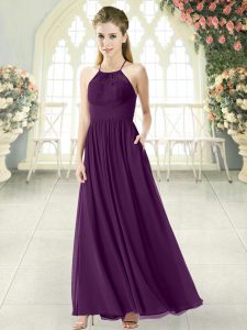 Latest Purple Backless Halter Top Lace Prom Gown Chiffon Sleeveless
