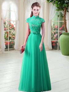 Affordable Green Lace Up High-neck Appliques Cap Sleeves