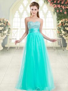 Designer Aqua Blue A-line Tulle Sweetheart Sleeveless Beading Floor Length Lace Up Dress for Prom