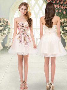 Sumptuous Sleeveless Tulle Mini Length Lace Up Homecoming Dress in Champagne with Beading and Appliques