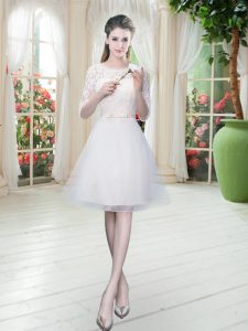 White Lace Up Scoop Lace Prom Evening Gown Tulle Half Sleeves