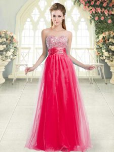 Great Floor Length A-line Sleeveless Coral Red Prom Evening Gown Lace Up